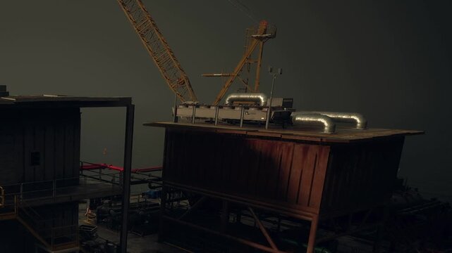 In a coastal area, an industrial structure looms under a dark, cloudy sky. Metal pipes and equipment glint softly in the subdued light, creating an eerie yet intriguing atmosphere.