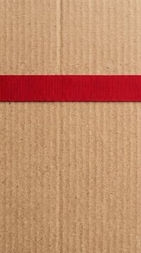 Closeup of a cardboard box with a red ribbon for gift wrapping or packaging