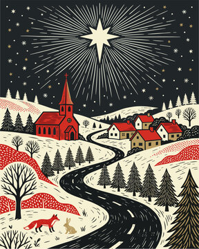 Snowy hills roll beneath a radiant star. Red church stands proud at dusk's edge. Tiny homes cluster near the winding road. Fox and rabbit pause beneath bare trees