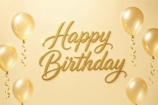 Golden happy birthday glitter calligraphy with party balloons on a light yellow background