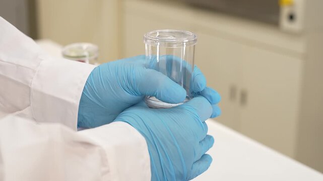 Gloved hands holding empty disposable filter funnel in microbiology laboratory, close-up