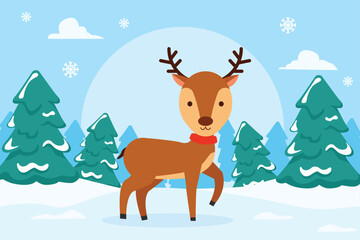Cute reindeer character standing on snow field with pine tree winter background © Chakhrit
