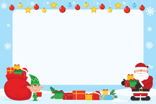 Christmas frame border template with Santa Claus carrying red sack and elf holding gift box