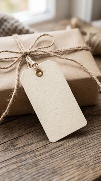 Wrapped gift box with twine and blank tag on rustic wooden surface for special occasion