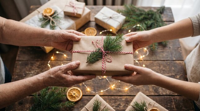 Generational warmth fills the room as an elderly person and a young individual joyfully exchange a carefully wrapped handmade Christmas present decorated with pine branches and rustic red string