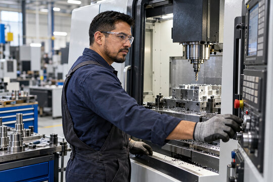 CNC machine operator working on milling machine in modern factory
