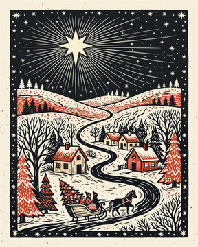 Star shines bright over snowy village at dawn. Woods frame red-roofed homes with warm lights. Winding path invites wanderers through festive trees. Animals stroll peacefully under starlit sky
