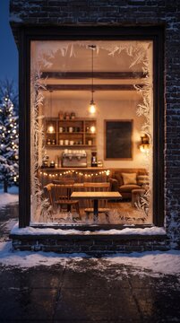 Cozy winter cafe interior viewed through frosted glass window with warm lighting