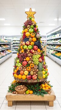 Festive christmas tree made of colorful fruits and nuts displayed in grocery store