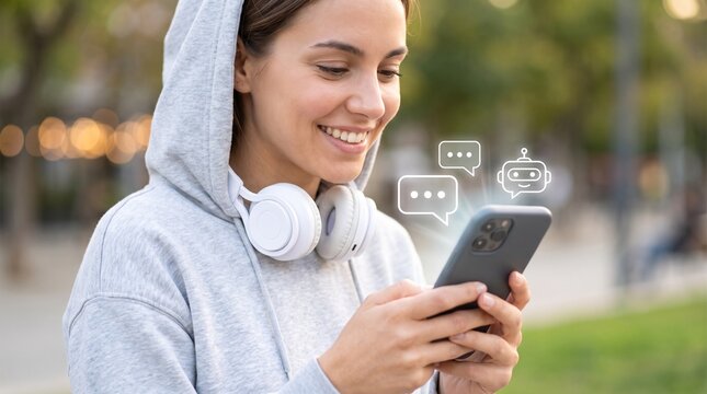 Smiling young woman wearing casual grey hoodie and white headphones interacting with artificial intelligence chatbot using mobile smartphone application outdoors on sunny day