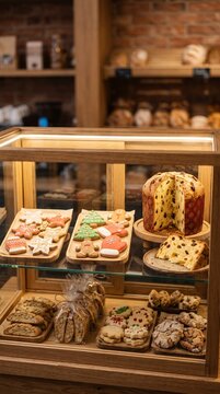 Assorted christmas cookies and panettone in a bakery display case with festive treats