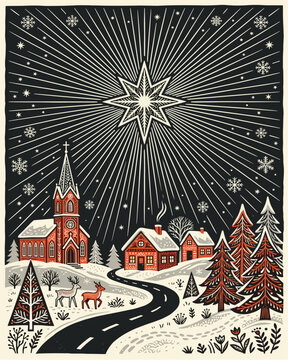 Snow-covered village glows under a radiant star. Red church and homes rest on gentle hills. Frost-kissed trees stand tall beside winding road. Deer graze softly near the snow-laced path