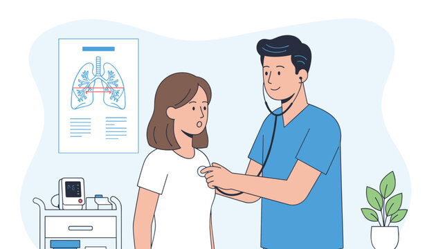 Professional medical doctor uses a stethoscope to examine the lungs of a young patient during a diagnostic consultation at a modern clinic.
