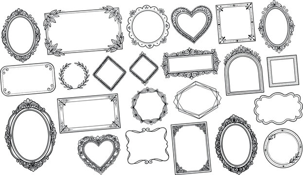 Hand Drawn Decorative Frame Vector Set with Floral Wreaths, Hearts, Ovals, and Geometric Borders for Invitations, Labels, Certificates, and Vintage Designs