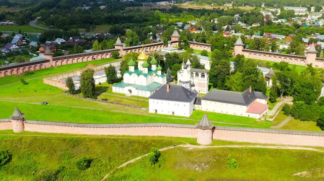 Suzdal, Russia. Flight. The Saviour Monastery of St. Euthymius is a monastery in Suzdal, founded in 1352. Drone footage, Point of interest