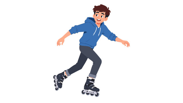 Smiling boy rollerblading in a blue hoodie