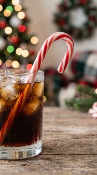 Festive holiday drink with candy cane stirrer and ice in a glass on wooden table