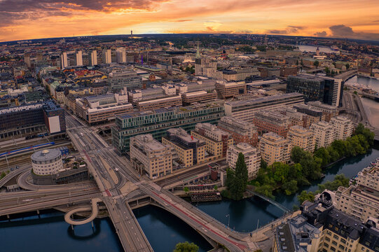 Aerial Drone View of Stockholm, Sweden at Sunrise