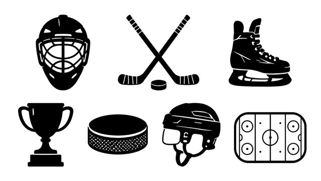 Ice hockey equipment and rink icon set