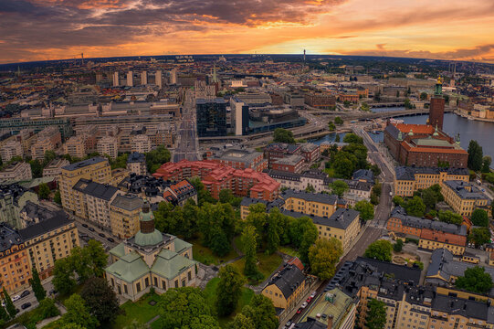 Aerial Drone View of Stockholm, Sweden at Sunrise