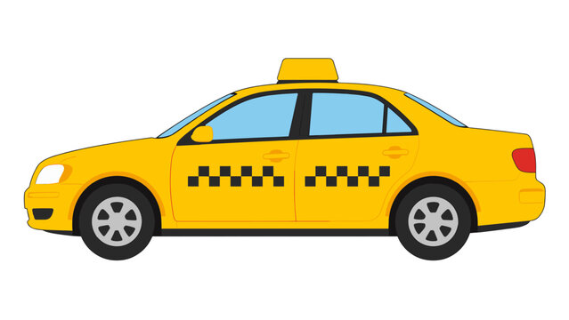 Yellow taxi cab with checkerboard markings in side view
