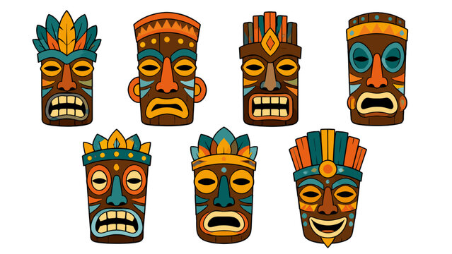 Set of colorful tiki masks with expressive faces and headdresses