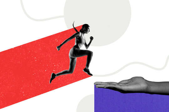 Creative photo collage picture young sportswoman runner go step ambitious persistent achieve goal palm hand athlete drawing background