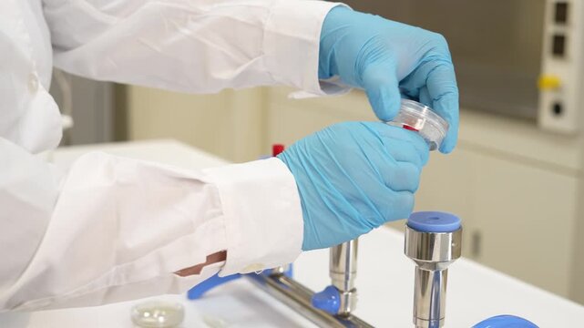 Scientist holding Petri dish over stainless steel filtration manifold during microbiology membrane filtration test