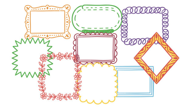 Colorful hand drawn doodle photo frames collection with geometric floral and cute border borders isolated on white