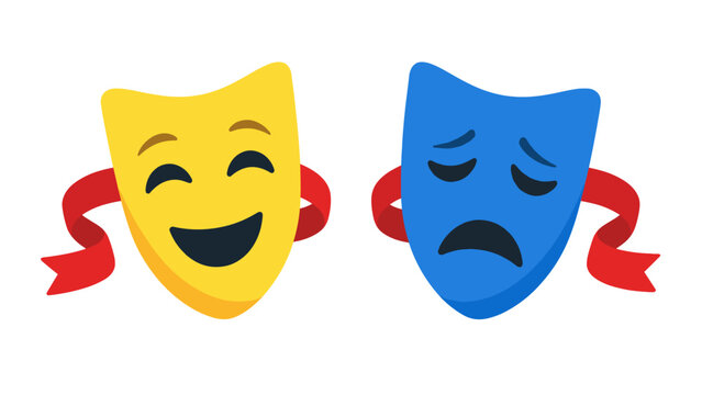 Yellow comedy and blue tragedy theater masks with red ribbons