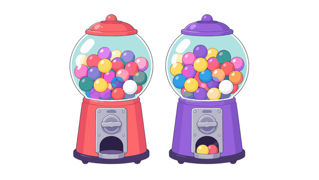 Pair of colorful gumball machines filled with candy