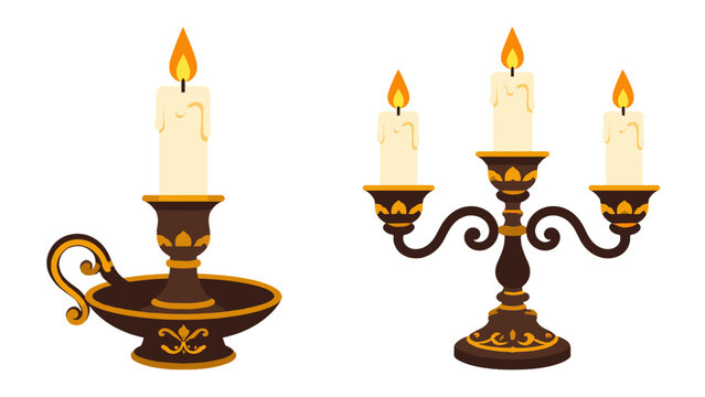 Ornate candle holder and three-arm candelabra with lit candles