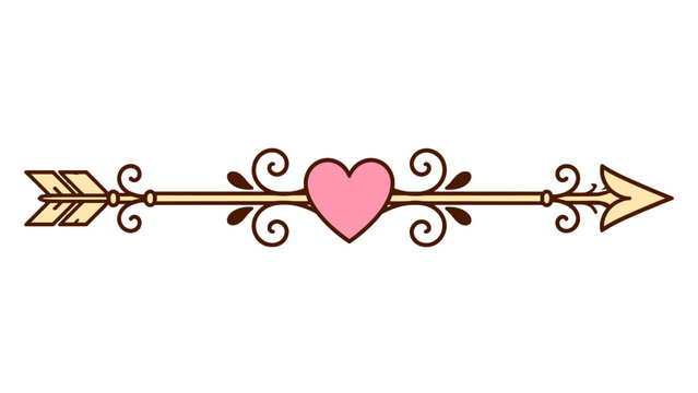 Decorative cupid arrow with a pink heart and curling flourishes