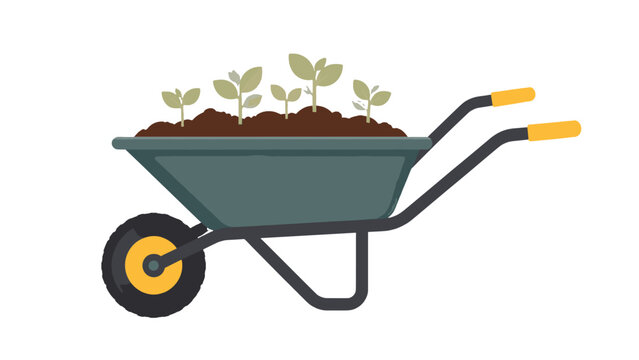Garden wheelbarrow filled with soil and young seedlings
