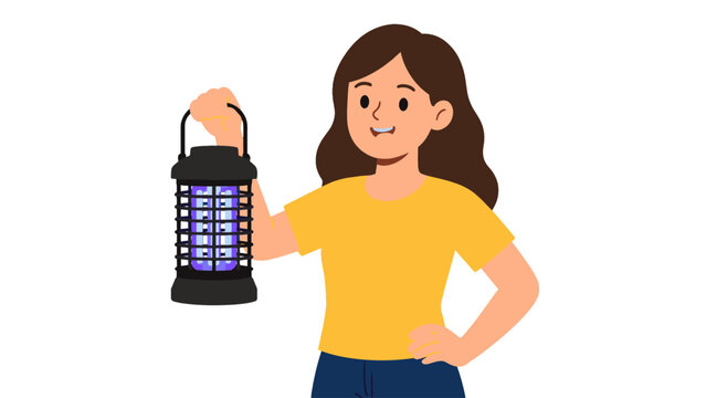 Smiling woman holding a glowing electric bug zapper