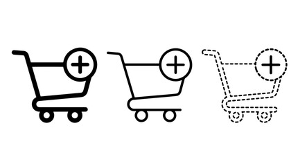 Black shopping cart icons with plus sign in different outline styles © フラットアイコン