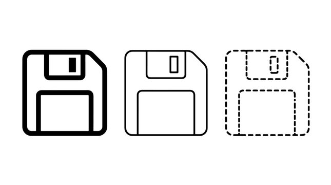 Floppy disk line art icons set showing save options and data storage