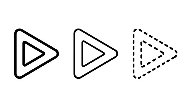 Black outline play button icons set with solid and dashed triangle shapes