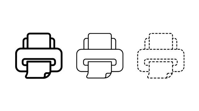 Black outline printer icons set with dashed line variant on simple canvas