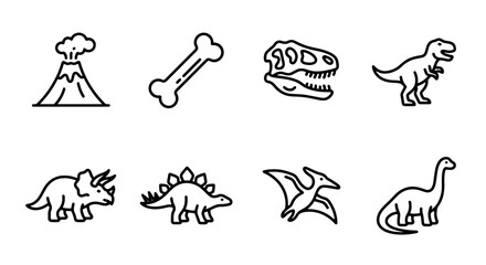 Dinosaur line icon set with volcano, bone, skull, T-Rex, Triceratops, Stegosaurus, Pterodactyl and Brontosaurus for prehistoric themes © Joya