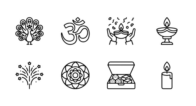Diwali line icon set with peacock, Om symbol, diya, rangoli, sweets and fireworks for Indian culture