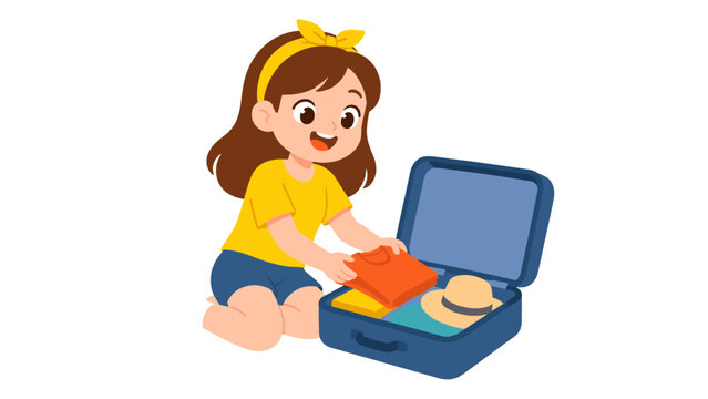 Girl packing clothes into an open suitcase for a trip