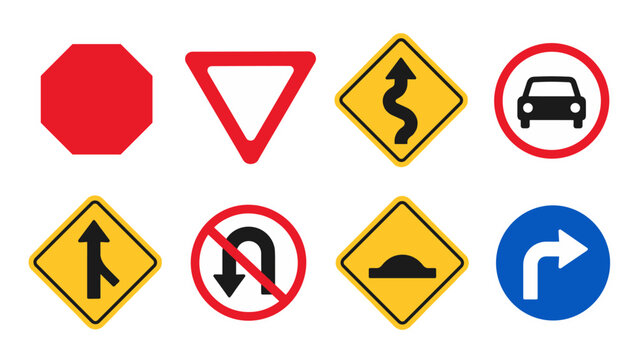 Set of road signs for traffic warnings and driving rules