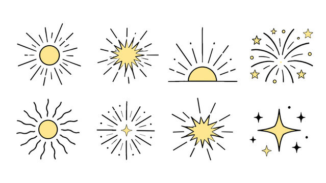 Hand drawn sun and sparkle doodle symbol set