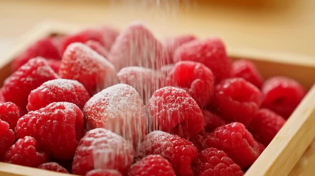Fresh raspberries and central strawberry are dusted with falling powdered sugar in wooden tray, gradually gaining white coating under warm indoor light and shallow focus