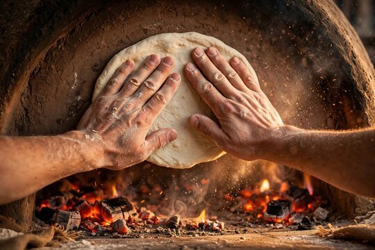 Hands baking lavash bread in traditional tonir clay oven