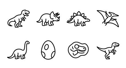 Dinosaur line icon set with T-Rex, Triceratops, Stegosaurus, Pterodactyl, Brontosaurus, egg and fossil for prehistoric themes © Tareq