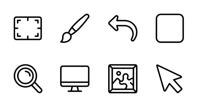 Line icon set with fullscreen, paintbrush, undo arrow, square, magnifier, monitor, picture frame and cursor for app and web