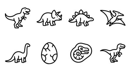 Dinosaur line icons set with T-Rex, Triceratops, Stegosaurus, Pterodactyl, Brontosaurus, egg and fossil for prehistoric theme app and web © Lamiya