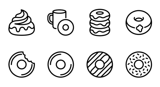 Donut and coffee line icons with cream swirl and bite mark for web and app